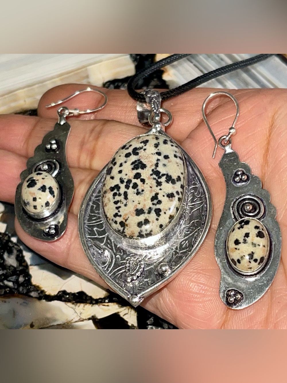 Dalmatian Jasper Crystal Set Pendant & Earrings